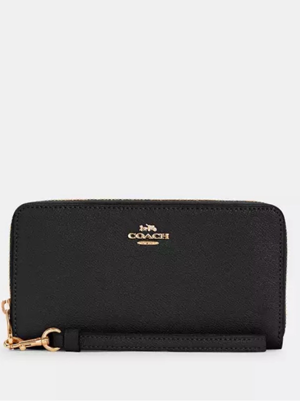 Coach Black Leather Long Zip Wrist Wallet with Gold Logo